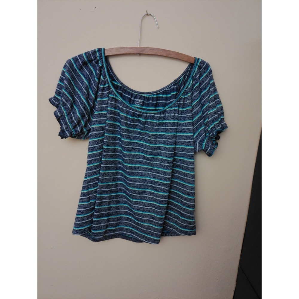 St. Johns Bay Peasant Top Womens S Blue Striped Ruffle Scoop Neck Blouse Coastal